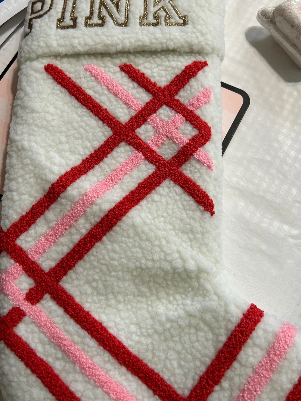 PINK Victoria's Secret White Sherpa Stocking and VS PINK BATH BOMB